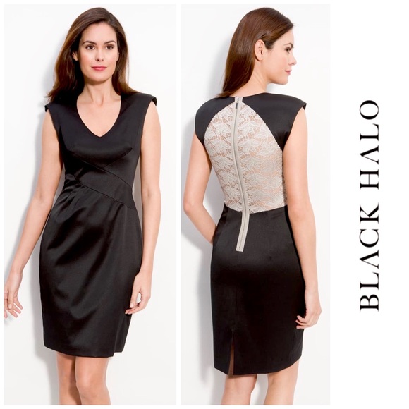 Black Halo Contrast Lace Inset Satin Sheath Dress - Picture 2 of 11